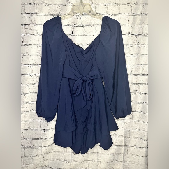 Romper Long Sleeve Off Shoulder Ruffle Chiffon Shorts Medium Navy Blue Boho Zip - Picture 9 of 11